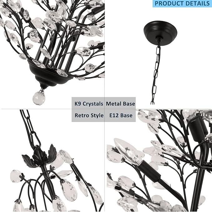 Maxax Vintage Crystal Branch Chandeliers, 8-Light Adjustable K9 Crystal Pendant Hanging Lighting Ceiling Light Fixtures Chandeliers for Dining Room, Living Room, Bedroom, Porch, 27.5in, Black