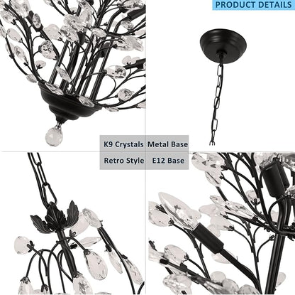 Maxax Vintage Crystal Branch Chandeliers, 8-Light Adjustable K9 Crystal Pendant Hanging Lighting Ceiling Light Fixtures Chandeliers for Dining Room, Living Room, Bedroom, Porch, 27.5in, Black