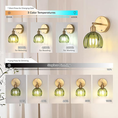 Shenmoyl Battery Operated Vintage Wall Sconces with Green Tulip Glass Lampshade Battery Powered Wall Lighting for Bedside Bedroom Doorway, Set of 2