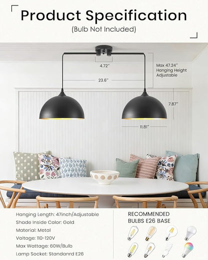 Black Pendant Lights Kitchen Island 2-Light, Black Dome Pendant Light, Kitchen Island Lighting, Dining Room Light Fixture, Island Pendant Lights for Kitchen, Dining Room, Bar, Cafe