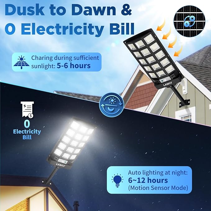 LANGY Solar Street Lights Outdoor 4 Pack, 30000LM 6500K Motion Sensor Dusk to Dawn, IP66 Waterproof LED Flood Security Lights with Remote Control for Parking Lot, Driveway, Garden, Yard
