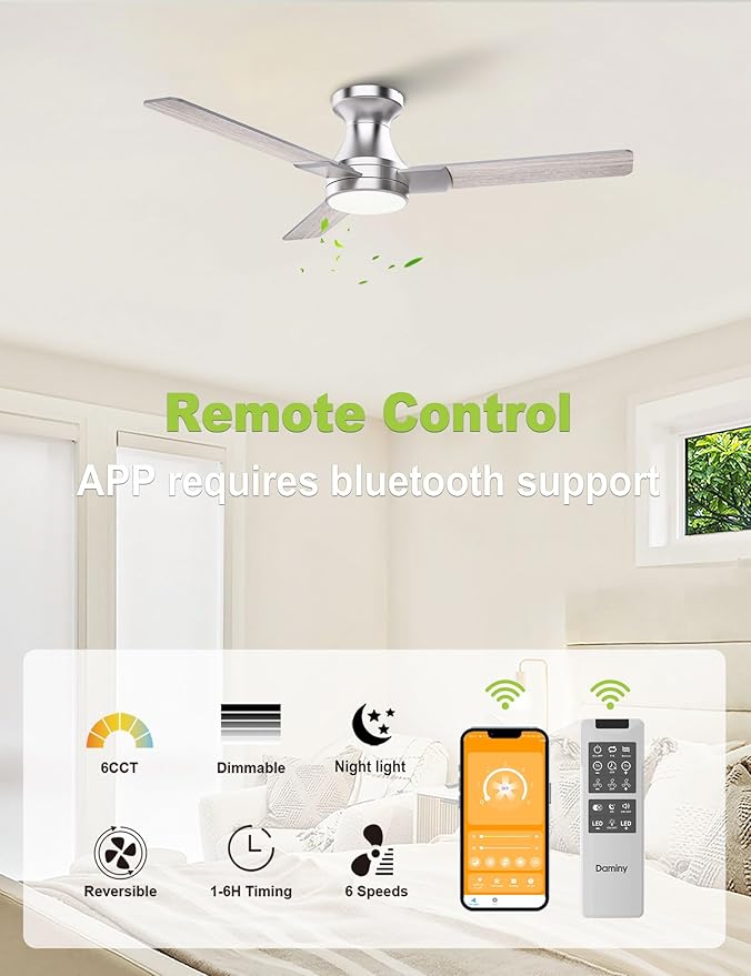 DAMINY 42 inch Ceiling Fans with Lights,3 Blades,6CCT, Low Profile Ceiling Fan with Light and Remote Control,Ceiling Fan for Bedroom, Kitchen,Indoor/Outdoor Use,Flush Mount-Nickel