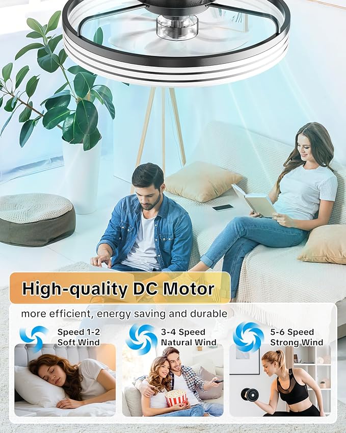 AIKVSXER Ceiling Fan with Light,20" Flush Mount Ceiling Fan,6 Speeds,3000-6500K Dimmable LED, App & Remote Control, Quiet DC Motor, for Bedroom, Living Room Modern Ceiling Fans with Lights(Black)
