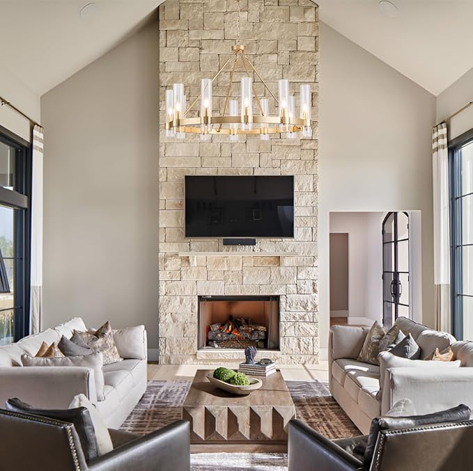 Wagon Wheel Chandelier, 12-Light Golden Farmhouse Round Chandelier, Industrial Lighting fixtures, Glass Pendant Light Suitable for Porch, Dining Room, Living Room, and Bedroom.
