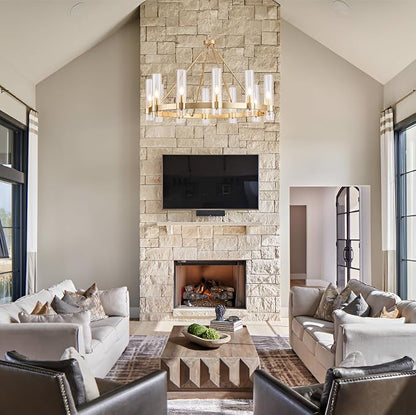 Wagon Wheel Chandelier, 12-Light Golden Farmhouse Round Chandelier, Industrial Lighting fixtures, Glass Pendant Light Suitable for Porch, Dining Room, Living Room, and Bedroom.