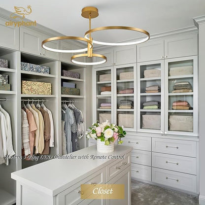 LED Ring Chandelier Modern Gold Chandellier for Dining Room 3-Light Dimmable Pendant Light Kitchen Island Contemporary Flush Mount Chandelier for Bedroom Living Room Dining Table Closet