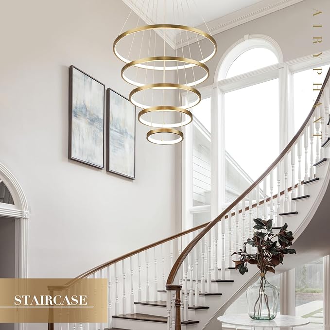 Modern LED Chandelier High Ceiling 5 Ring Gold Chandeliers Foyer Dimmable Ceiling Pendant Light Fixture Contemporary Flush Mount Chandelier for Staircase Living Room, 3000K-6500K