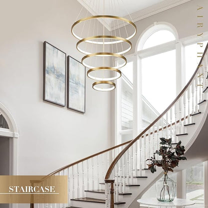 Modern LED Chandelier High Ceiling 5 Ring Gold Chandeliers Foyer Dimmable Ceiling Pendant Light Fixture Contemporary Flush Mount Chandelier for Staircase Living Room, 3000K-6500K