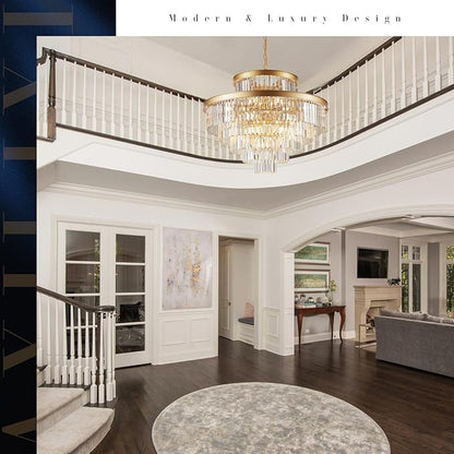 6-Tier Large Gold Crystal Chandeliers 35" Modern Luxury Chandeliers for Staircase K9 Crystal High Ceiling Chandelier 22-Light Round Hanging Pendant Light Fixture for Living Room Entryway Foyer