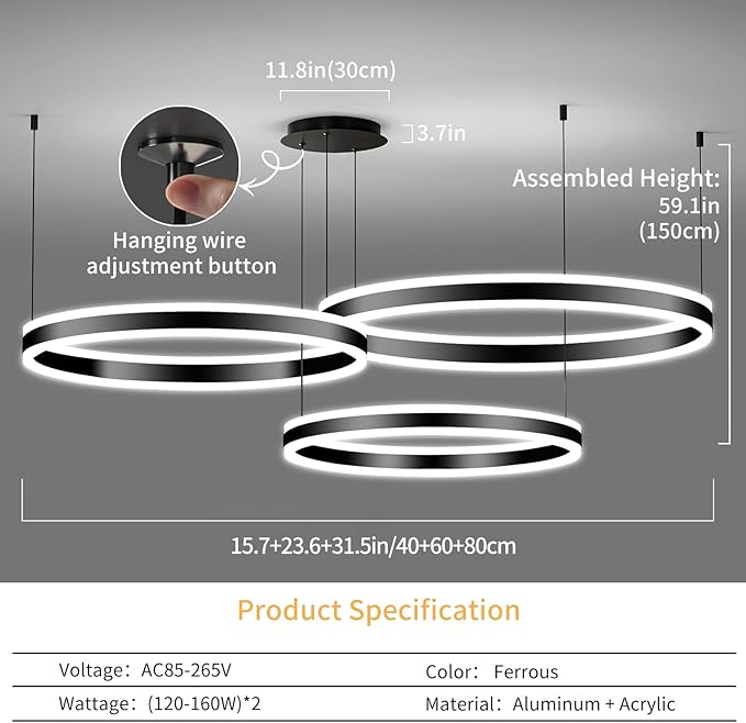Mikeru Modern 3 Ring Chandelier Light, LED Pendant Light Fixtures with Remote Control 3000k-6500K Adjustable Color Temperature Light for Living Room, Bedroom, Kitchen（15.7+23.6+31.5IN）