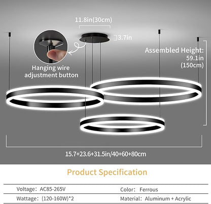 Mikeru Modern 3 Ring Chandelier Light, LED Pendant Light Fixtures with Remote Control 3000k-6500K Adjustable Color Temperature Light for Living Room, Bedroom, Kitchen（15.7+23.6+31.5IN）