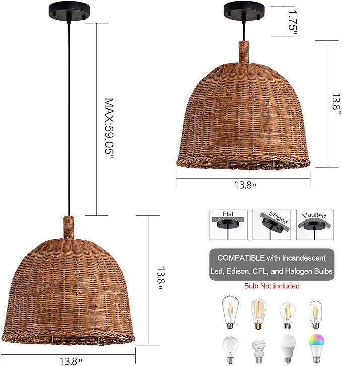 Rattan Pendant Light 13.8" Hand Weaving Wicker Dining Room Light 3-Light Boho Bracket Hanging Chandelier Fixture for Living Room Bedroom Kitchen Island Entry Hallway Farmhouse