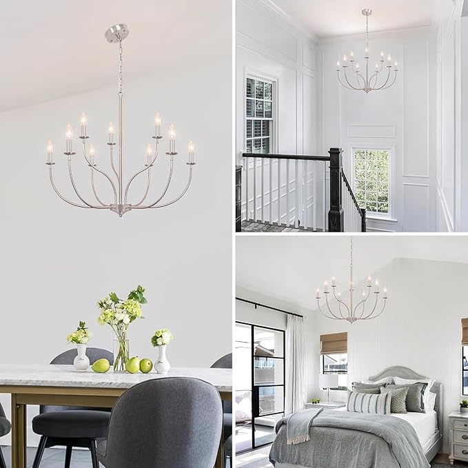 9-Light Farmhouse Chandelier for Dining Room, 2-Tier Brushed Nickel Chandelier, Industrial Modern Chandeliers for Dining Room, Living Room, Bedroom, Entryway, Kitchen