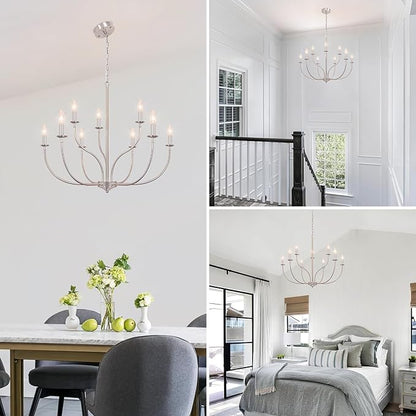 9-Light Farmhouse Chandelier for Dining Room, 2-Tier Brushed Nickel Chandelier, Industrial Modern Chandeliers for Dining Room, Living Room, Bedroom, Entryway, Kitchen