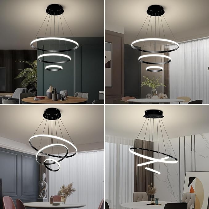 Modern LED Pendant Light, Adjustable Height Circular Entrance Black 3 Ring Circular Chandelier Fixture, Suitable for Restaurants, Kitchens, Islands, Living Rooms, Cafes, Etc. (4000K)