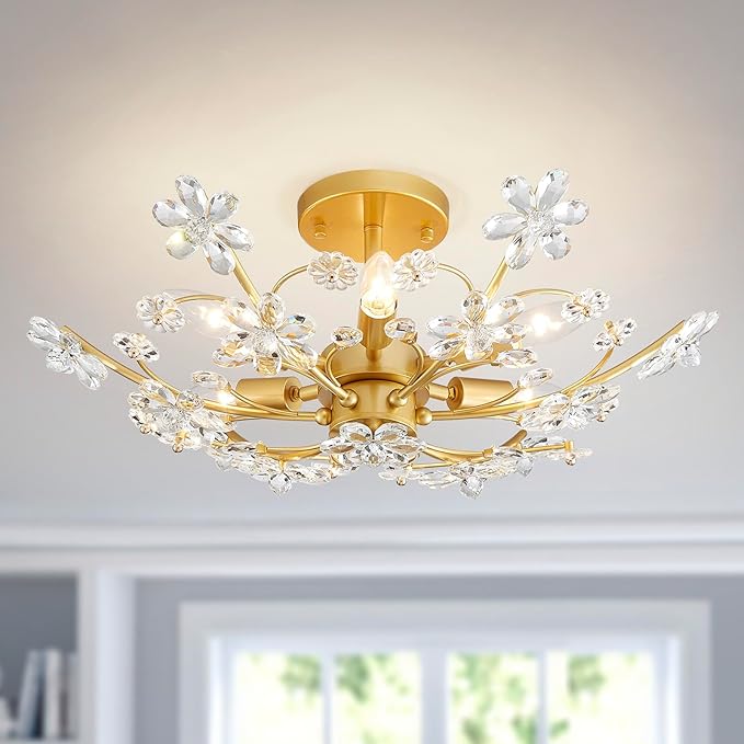 6-Light Large Modern K9 Crystal Chandeliers, Chic Flushmount Close to Ceiling Light Fixture for Bedroom, Dining Room, Kitchen, D23xH10inch, Clear Crystal & Gold Finish Frame