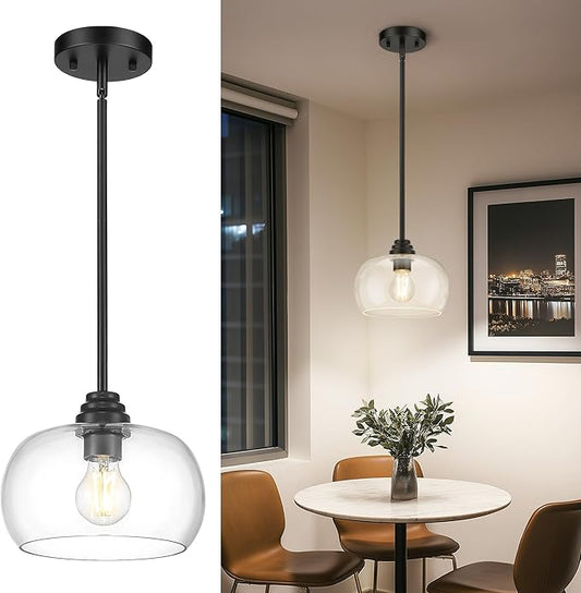 AUTELO Black Pendant Lights Kitchen Island, 1-Light Pendant Lights in Black Finish with Clear Glass, Modern Pendant Light Fixtures, Hanging Lamp for Kitchen Island H9385 BK-R