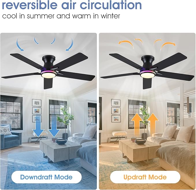 52" RGB Ceiling Fans with Lights and Remote/APP,Black Low Profile Ceiling Fans,Modern Flush Mount Ceiling Fans for Bedroom Kids Room