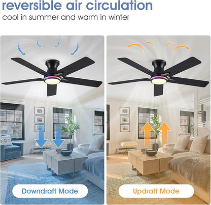52" RGB Ceiling Fans with Lights and Remote/APP,Black Low Profile Ceiling Fans,Modern Flush Mount Ceiling Fans for Bedroom Kids Room