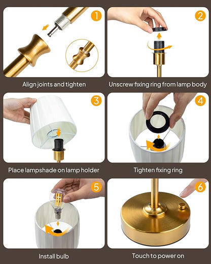 EppieBasic Cordless Table Lamp Rechargeable: Fast Charging & Long Lasting - 2700K Warm Light Vintage Gold Lamps - Dinning Living Room Bedroom - Pleated Shade - 2 Pack