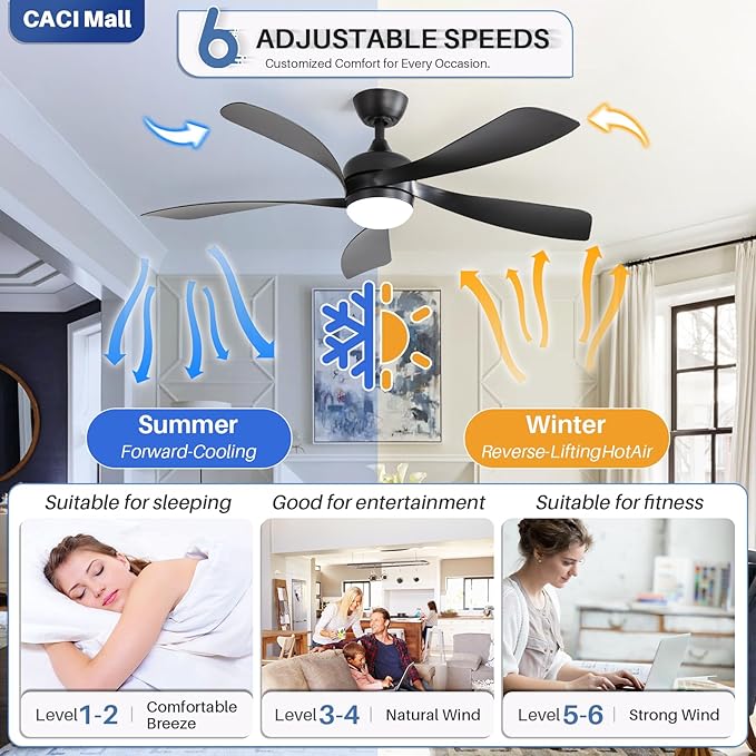 CACI Mall 52 inch Black Ceiling Fans with Lights, Remote Control, Modern, Low Profile, Outdoor Ceiling Fan with 5 Blades, Quiet Reversible DC Motor for Living Room, Bedroom, Patios