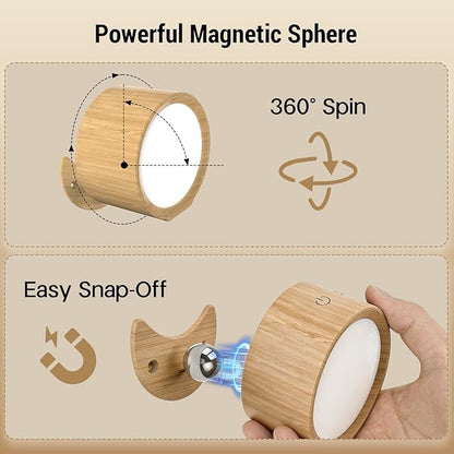 LED Wall Sconces, 160H Battery Life, Rechargeable Cordless Mounted Lights, 3 Color & 4 Brightness Level & 360°Rotate Magnetic Ball & Touch or Remote, for Reading Bedroom (Wood)