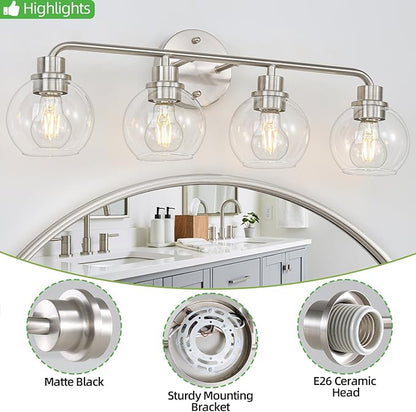Bathroom Light Fixtures Brushed Nickel Vanity Light Silver 4 Light Modern Wall Sconces Lighting Bathroom Lights with Globe Glass Shade Bath Wall Lights for Mirror Kitchen Living Room Hallway 27 Inch