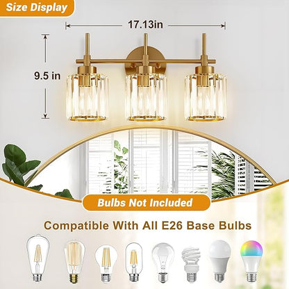 EJIAXIN Bathroom Lighting Fixtures, 3 Light Gold Bathroom Light Fixtures with Clear Shades Modern Crystal Vanity Light Bath Room Vanity Lighting Over Mirror Wall Light