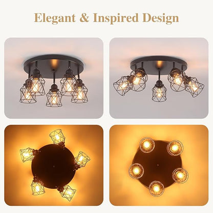 5-Lights Kitchen Light Fixtures Ceiling Mount, Adjustable Multi-Directional Black Flush Mount Ceiling Light, Retro Metal Cage Farmhouse Close to Ceiling Light Fixture for Hallway Dining Room Entryway