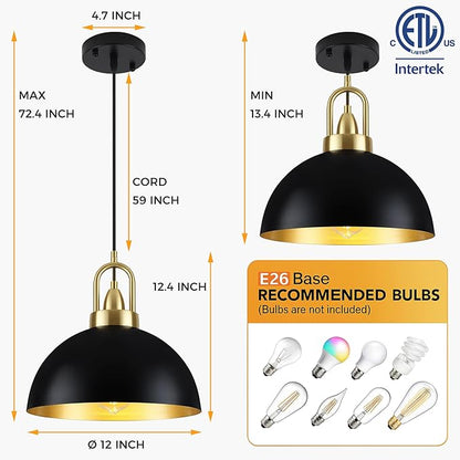 12'' Black Pendant Lights for Kitchen Island Lighting, 2-Pack Modern Farmhouse Industrial Dome Hanging Ceiling Pendant Lighting Fixture for Dining Room, Bar, Living Room