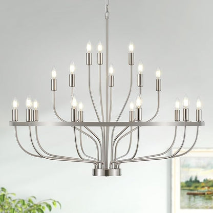 18-Light Brushed Nickel Chandelier, 39.4" Large Candle Chandeliers Modern Mid Century Classic Chandelier Light Fixture for Large Living Room Dining Room Stairs Entry Restaurant Hotel