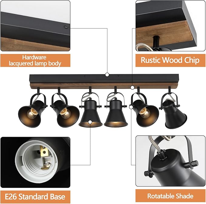 6-Light Track Light Fixtures Ceiling/Wall Mount, Adjustable Spotlight, Industrial Black Kitchen Lighting for Living Room, Dining Room, Hallway, Bathroom