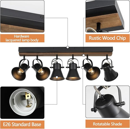 6-Light Track Light Fixtures Ceiling/Wall Mount, Adjustable Spotlight, Industrial Black Kitchen Lighting for Living Room, Dining Room, Hallway, Bathroom