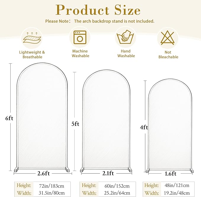 Set of 3 Arch Backdrop Covers(6ft, 5ft, 4ft) - Premium Stretchy Spandex Backdrop Arch Stand Cover for Baby Shower,Wedding,Party Decor Chiara Cover with Double-Sided Design(White, Light Pink)