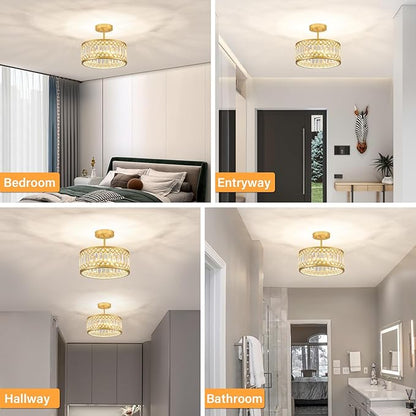 YURNYQ Crystal Ceiling Light Fixture, Modern Semi Flush Mount Light, Gold Lighting Fixtures Ceiling Chandelier for Kitchen, Bedroom, Dining Room, Hallway, 3-Light, 12.2 Inch