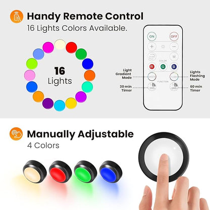 LED Puck Lights with Remote Control, 16 Color Changing Under Cabinet Lighting with Dimmer & Timer, AAA Battery Operated,Under for Closet Bedroom Kitchen, Stair (6 Pack White)