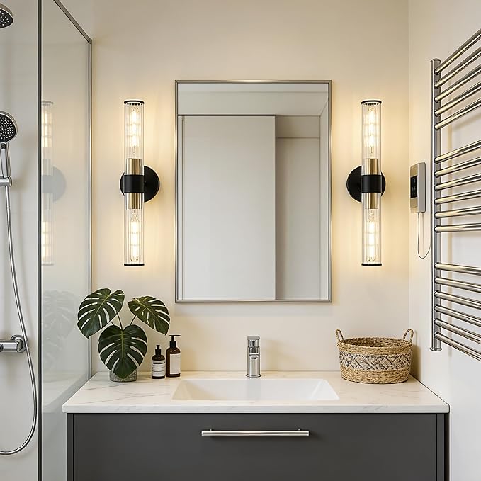 Bathroom Light Fixtures 2 Pack Hardwired, Black Gold Wall Sconce Threaded Glass Vanity Light Featuring Two E26 sockets, Bathroom Wall Light Dimmable - Bulb Not Included, UL Certification