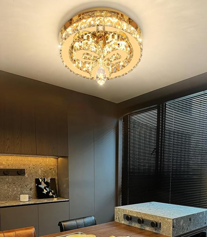 12'' Modern Crystal Chandelier LED Dimmable Flush Mount Ceiling Light Pendant Light for Hallway Living Room Bedroom Dining Room Foyer Gold