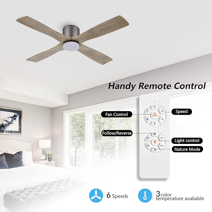 WINGBO 48 Inch Flush Mount DC Ceiling Fan with Lights and Remote, 4 Reversible Carved Wood Blades, 6-Speed Noiseless DC Motor, Hugger Ceiling Fan in Graphite Finish with Gray Blades
