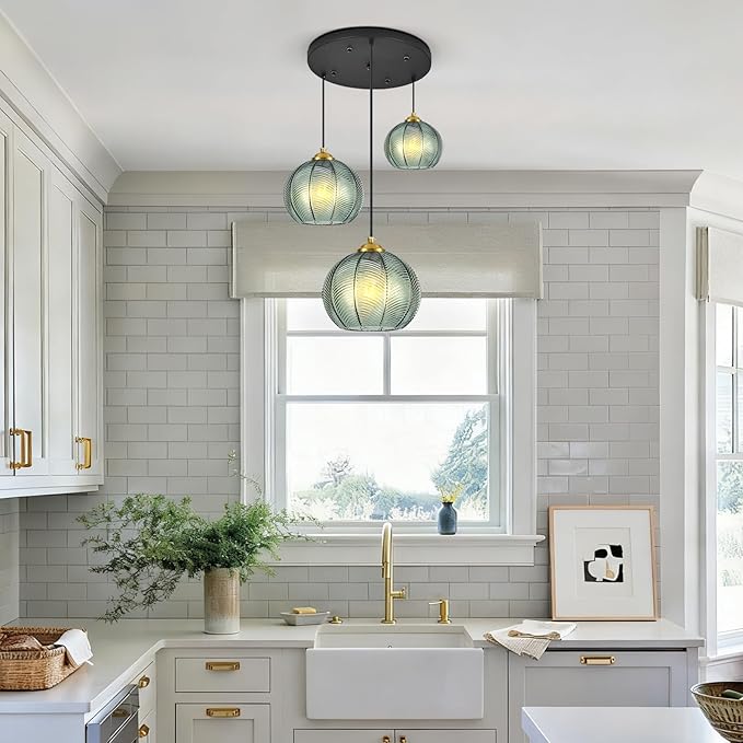 Mint Green Glass Chandelier, 3 Light Pendant Light Fixtures Kitchen Island Lighting Century Modern Kitchen Island Pendant Lighting Hanging Lights Multi Light Cluster Pendant Lighting（Without Bulb）