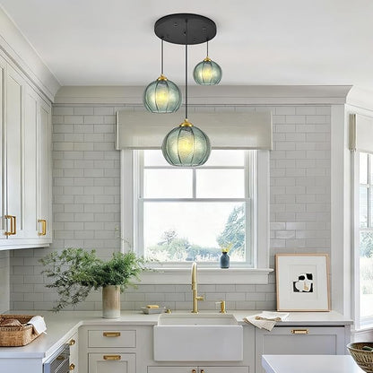 Mint Green Glass Chandelier, 3 Light Pendant Light Fixtures Kitchen Island Lighting Century Modern Kitchen Island Pendant Lighting Hanging Lights Multi Light Cluster Pendant Lighting（Without Bulb）