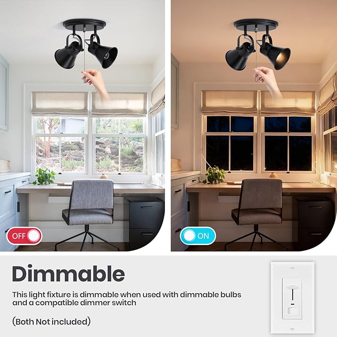 2-Light Black Track Lighting with Pull Chain, Industrial Adjustable Pull Chain Light Fixture Round Ceiling Light, Modern Flush Mount for Kitchen, Hallway, Dining Room