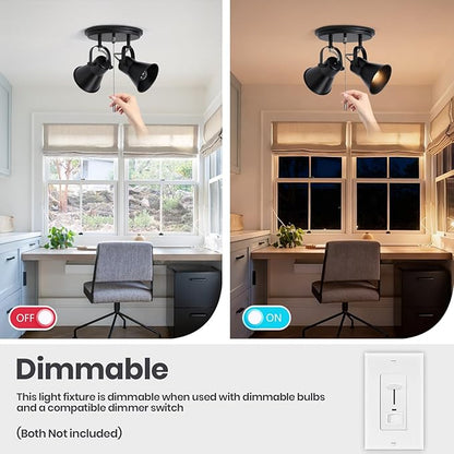 2-Light Black Track Lighting with Pull Chain, Industrial Adjustable Pull Chain Light Fixture Round Ceiling Light, Modern Flush Mount for Kitchen, Hallway, Dining Room