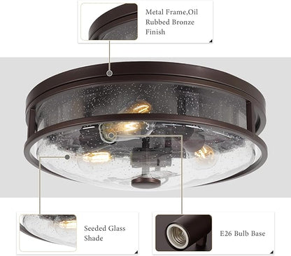 16 Inch Large Flush Mount Ceiling Light Fixture with Seeded Glass, Bronze Round Ceiling Lamp Shade, Modern Farmhouse Indoor Outdoor Ceiling Lighting for Kitchen Dining Living Room Foyer