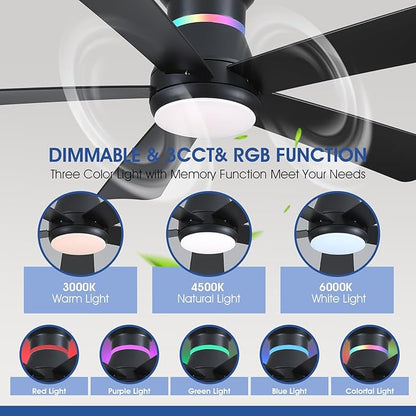 Surtime 46" Black Ceiling Fans with RGB Lights - Flush Mount Ceiling Fan Light with LED 3CCT Dimmable, Modern Low Profile Ceiling Fans for Indoor Party,Covered Outdoor