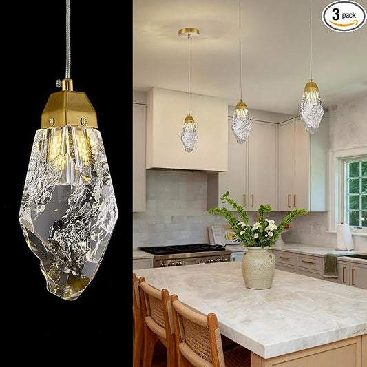 Gold Crystal Pendant Light 3 Pack, Mini Hanging Ceiling Light with Prism K9 Crystals, Modern LED Compatible Small Crystal Chandelier for Kitchen Island, Bathroom, Bedroom, Bar, Hallway, Foyer