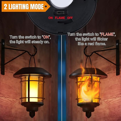 Dynaming 4 Pack Solar Flame Wall Lanterns Outdoor, Solar Powered Wall Mounted Sconce Lights, Flickering Flame LED Light Auto On/Off Hanging Lights, Waterproof for Garage Stair Patio Porch Yard