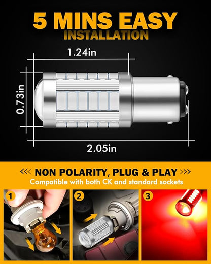 Auxbeam 1157 LED Bulbs Red Light, Super Bright 2057 2357 7528 BAY15D Replacement Light Bulb for Brake Stop Tail Lights, 3030 33-SMD 12V Bulb for Car, Pack of 2