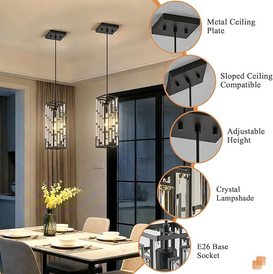 Black Pendant Lights Kitchen Island, Adjustable Modern Pendant Light Fixtures 1 Pack, Mini Crystal Chandeliers for Dining Room Bedroom Foyer Hallway