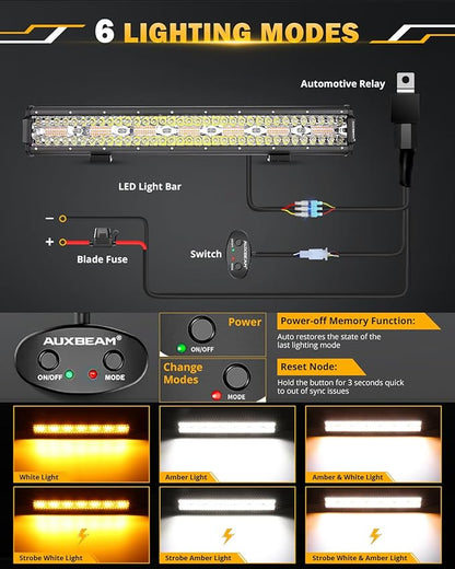Auxbeam 20 Inch 420W LED Light Bar, 6 Modes Strobe Amber Lights Yellow Fog Light Dual Color Spot Flood Offroad Driving Lights, Memory Function LED Work Lights for Truck Car ATV